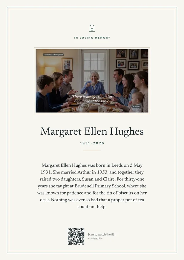 A sample memorial card for Margaret Ellen Hughes, a fictional person: a family photo, her name, years, a short life story and a QR code.