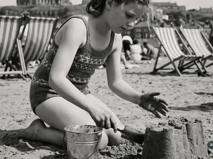 Black-and-white photo of a girl in a knitted swimsuit building a sandcastle, deckchairs behind her.