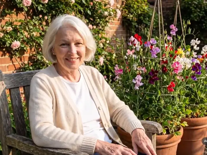 An older woman sitting on a garden bench beside pots of sweet peas.