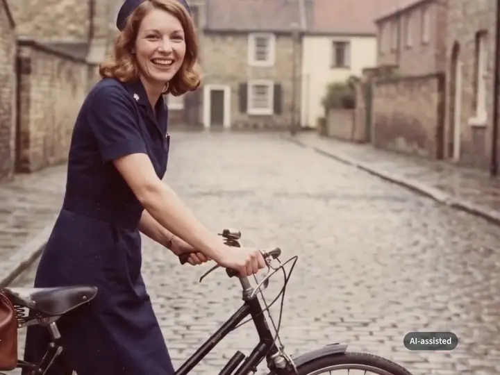 A young woman in a navy uniform with a bicycle on a cobbled street, smiling.